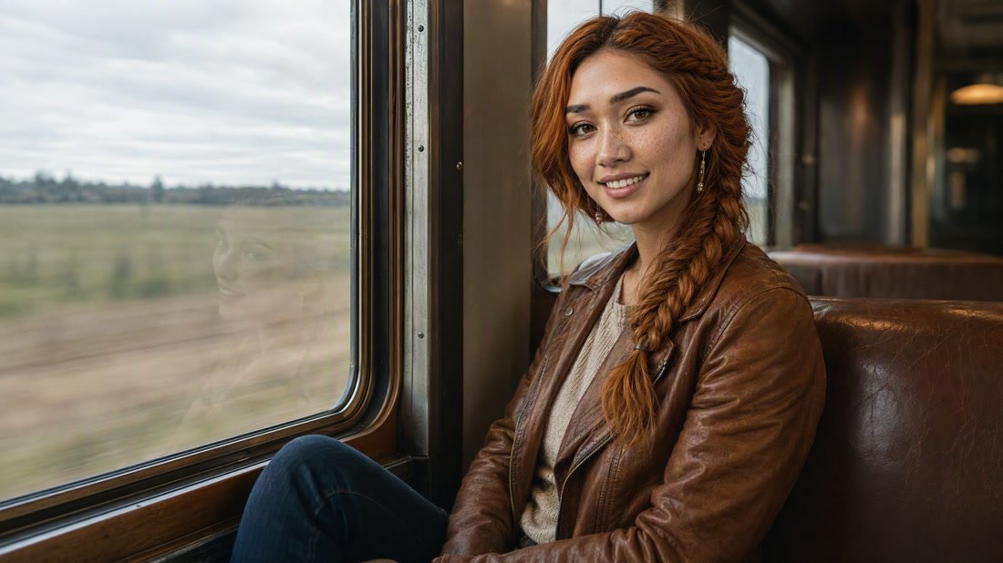 Amaretto H. on a train, watching the country go past