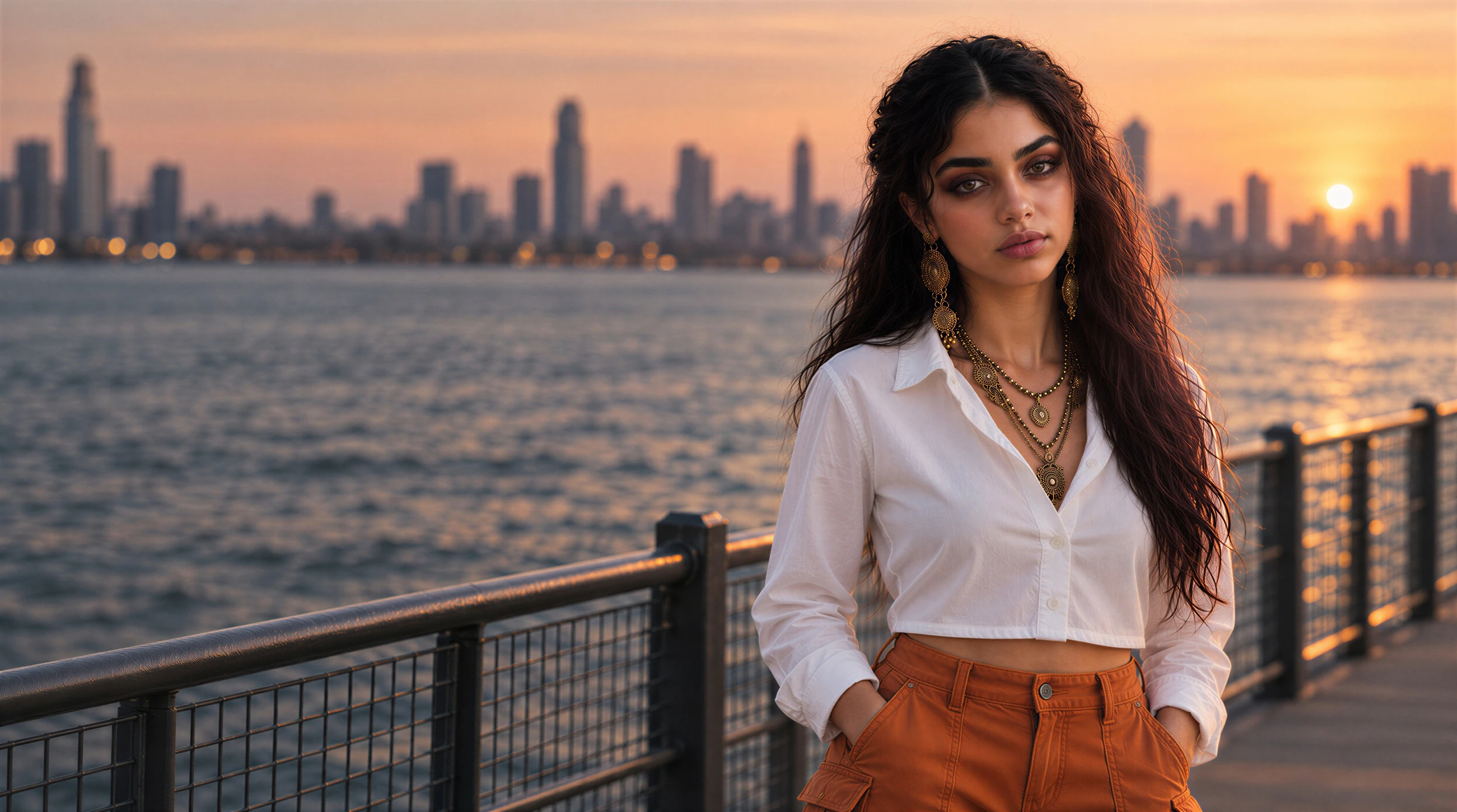 Ke’Ahny at the waterfront at dawn, wearing a white cropped shirt and burnt-orange cargo trousers